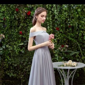 Bridesmaid Long Gray Bridesmaid Sisters Wedding Slimming Off-shoulder Banquet Dress (Option: Gray F-XL)